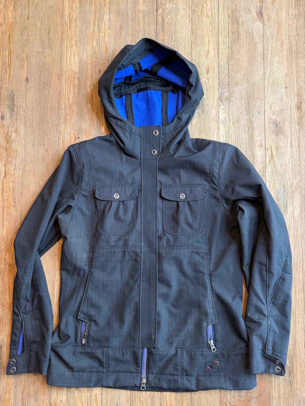 REI Women's Hooded Soft-shell Utility Jacket in Charcoal with Blue Lining M